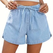 Resim 25AW Esnek Bel Bandı Moda İpli Çapraz Cepli, Dar Kesim Yıkanmış Denim Şort Kadınlar İçin 