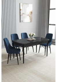 Resim Jusie Siyah Mermer Desen 80x132 Açılabilir Mutfak Masası Takımı 4 Adet Sandalye Lacivert 