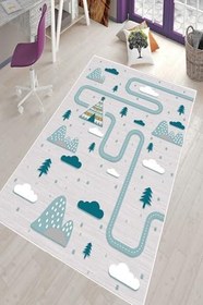 Resim Pelangi Gri Trafik Yollu Ve Fiğürlü Yıkanabilir Kaymaz Taban Leke Tutmazbebek Ve Çocuk Odası Halısı, Gri-Mavi 80 x 150, 90135710280150 