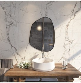 Resim 50x68 Cm Modern Asimetrik Banyo Aynası Siyah Çerçeveli Organik Şekilli Duvar Aynası Siyah 
