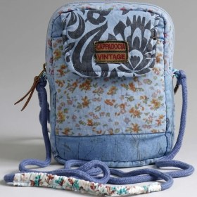 Resim Cappadocia Vintage Kadın Mavi Çiçek Desenli Omuz Çantası - Bohem Tarz Mini El ve Telefon Çantası 