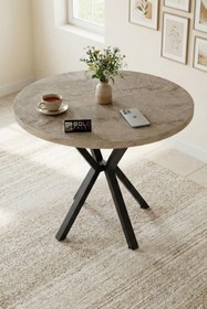 Resim Reyo Falez Mutfak Masası 90 cm Yuvarlak Masa Modern Metal Ayaklı Cafe Balkon Ofis Yemek Masası 9826 Traverten 