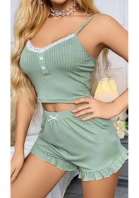 Resim Kadın Yeşil Dantel Detaylı Şortlu Gecelik Pijama Takımı 5014 Yeşil 