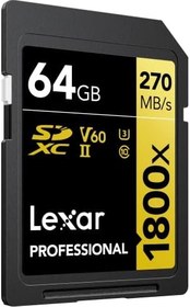 Resim Lexar SDXC Professional 64GB 1800x UHS-II Altın Serisi, Sınıf 10, U3, V60, 4K Video Kaydı için, Siyah 