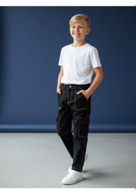 Resim Zekids Çocuk Kargo Cepli Kontrast Dikişli Geniş Paça Pantolon-16618 Siyah 