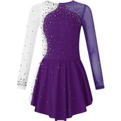 Resim Mor Kızlar Şekil Buz Pateni Elbise Bale Dans Jimnastik Leotard Tutu Uzun Kollu Parlak Taklidi Sırf Örgü Elbiseler Giyim Mor 
