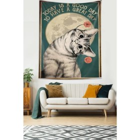 Resim Storemax Pelangi Güzel Bir Gün Kedi Temalı Leke Tutmaz Kumaş Duvar Örtüsü Duvar Halısı Tapestry, Yeşil-Gri 70 x 100, 17768708070100 