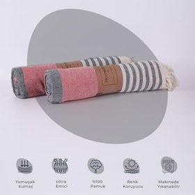 Resim Homedius%100 Pamuk Kırmızı American Desenli Püsküllü Peştamal 2’li - 100x180 Cm 