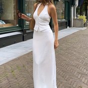 Resim Kadınlar için şık beyaz V-Neck Halter Üst ve Maxi Etek Takımı, %95 Polyester %5 Elastane, Düz Renk, Örgü Kumaş, Tüm Mevsimler, Düşük Bel ve Yan Yırtık ile Seksi İki Parça 