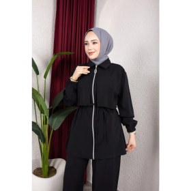 Resim Weak Blue Kadın Tesettür Takım Çift Kat Görünümlü Fermuarlı Tunik Bol Paça Pantolon Moda Kumaş Ikili Takım 