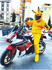 Resim kaskmania pikachu motosiklet tulumu peluş pikachu kostüm 
