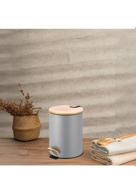 Resim Bambu Kapaklı Pedallı Metal Çöp Kovası - 5 Lt. - Gri Gri 