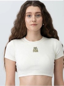 Resim Zekids Kız Çocuk Fitilli Yarım Kollu Crop T-shirt-15799 Krem Yeşil 