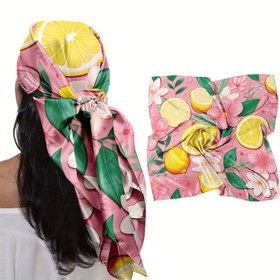 Resim 1 adet 88.9cm Kadınlar için Çiçek ve Limon Baskılı Başörtüsü - Canlı Pembe Çiçeklerle, Yeşil Yapraklı ve Sarı Limonlu Yumuşak Kare Başörtüsü - Saç ve Moda için Çok Yönlü Boyun Örtüsü, Ona Mükemmel Hediye, Çok Yönlü Boyun Örtüsü | Çiçek Desenli Başörtüsü | Yumuşak Kumaş 