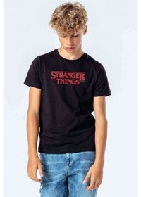 Resim Stranger Things Logo Baskılı Unisex Çocuk Siyah Tshirt 