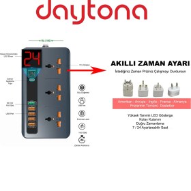 Resim Daytona RL-316D Termal Akım Korumalı Akıllı Priz 5 USB 5V-3.4A LED Ekran Zamanlı Kullanım 