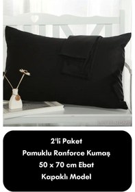Resim Siyah Renkli Ranforce Pamuklu Kumaş Kapaklı Yastık Kılıfı 2'li Pa 