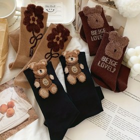 Resim 3'lü Kadın Orta Boy Çorap Seti - Sevimli Ayı & Çiçek Desenli, %80 Polyester %20 Elastan Karışımı, Kabartmalı Manşet, Kahverengi ve Siyah Sonbahar Kışlık Şık Çoraplar, Elde Yıkama/Kuru Temizleme 