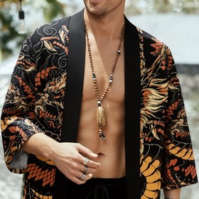 Resim Erkek Casual Kimono Kardigan - Gevşek Fit, Ejderha Totem Baskı, Hafif Yaz Plaj Kapak, El veya Makine Yıkama, Opak, Seyahat, Tatil, Leisur için İdeal, Çin Boyutu, Lütfen Boyut Kılavuzu Dikkatlice Kontrol Edin 