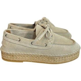 Resim Tufan Shoes Bej Hakiki Süet Hasır Taban Bağlı Loafer Bej 
