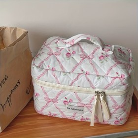Resim 3'lü Set/1 Adet Şık Kuşaklı ve Gül Desenli Kapitone Kozmetik Çantası - TSA Onaylı Büyük Kapasiteli Seyahat Tuvalet Organizatörü, Dayanıklı Polyester Makyaj Çantası - Ev, Yatak Odası, Dış Mekan İçin Pembe Çiçek Desenli Hediye (Anne için) 