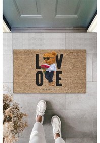 Resim Bej Kapı Önü Paspası Kırmızı Güller Ayıcık Desen K-3338 