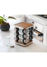 Resim 12 Li Ahşap Kaplamalı Döner Stantlı Cam Baharatlık Baharat Seti 12 Li Ahşap - Şeffaf 