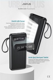 Resim Jopus 10000mAh Powerbank Dahili Kablolu, LCD Ekranlı, LED Lambalı, Taşınabilir Şarj Cihazı Siyah JP-P11 
