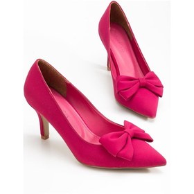 Resim Büyük Beden Kadın Stiletto İnce Topuklu Ayakkabı Fuşya Saten Fiyonklu-4297 Fuşya 