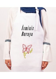 Resim Mutfak Önlüğü Kişiye Ve İsme Özel Nakışlı Mutfak Önlüğü Kelebek01 Farklı Renkler Beyaz 