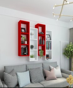 Resim Kitaplık Modern Ev Duvar Rafı Kırmızı Beyaz 4 Lü Takım Kırmızı-beyaz 