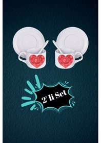 Resim Sevgililer Günü Kalpli Baskılı 2 Li Set Kaşıklı Porselen Çay Kahve Fincan Seti-3 Beyaz 