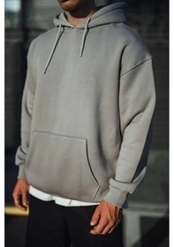 Resim Tarzyeri Erkek Üç İplik Penye Kapşonlu Basic Sweatshirt - Boyalı Gri Gri 