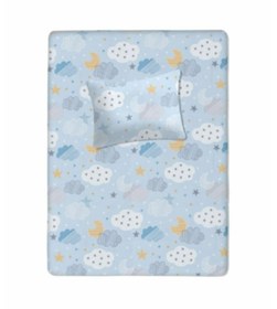 Resim %100 Pamuklu Bebek Lastikli Çarşaf 60x120+20 Bebek Yastık Kılıfı 35x45 Mavi-beyaz 