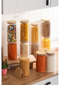 Resim Porsima 3-4 Bambu Vakumlu Kapaklı Yuvarlak Cam 12li Kavanoz Seti Saklama Kabı 1650ml 10x25cm 