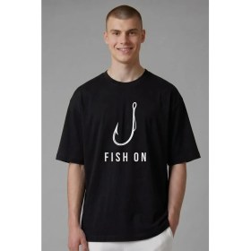 Resim Etifa Tekstil Etifa Oversize Balıkçı Tişörtü Fish On %100 Pamuk Premium Siyah Unisex 