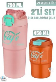Resim Vagonlife 2'li Çelik Termos-Kahve Bardağı Seti 750ML Çift Kullanım Termos//450ML Mug Kahve Bardağı 