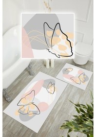 Resim Dijital Baskı Kelebek Desen Kaymaz Taban 2li Set Banyo Paspası Klozet Takımı 50x60cm-60x100cm Gri 