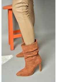 Resim Fox Shoes R404020302 Taba Süet İnce Topuklu Büzgülü Kadın Bot Taba 