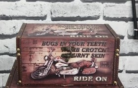 Resim Ahşap Dekoratif Sandık Motosiklet Temalı, Vintage Depolama Kutusu, 30x20x14 cm, Rustik Tasarım 