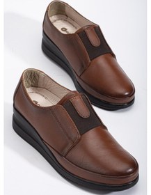 Resim Hakiki Deri Ortopedik Kadın Dolgu Topuklu Ayakkabı Taba Elastik Bantlı Bağsız-3303 Taba 