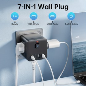 Resim 7'si 1 arada Duvar Güç Küpü - 3 AC Çıkışı ve 4 USB Portu (USB-C dahil), Darbelikoruma ile Kompakt Şarj Merkezi, Ev ve Ofis için 3 Çıkış ve 4 USB Portu, Siyah/Beyaz Renklerde Mevcut 