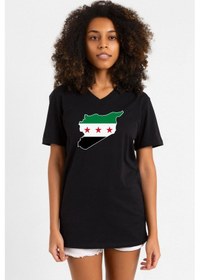 Resim Suriye Yeni Bayrak Siyah Kadın V Yaka Tshirt SIYAH 