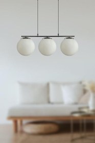 Resim Fer Avize Sezar Beyaz Camlı Siyah Modern Tasarım Yemek Masası Üstü -salon 3 Lü Avize 