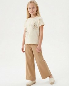 Resim Zekids Kız Çocuk Bol Paça Modal Kumaş Tasarım Pantolon-17149 Bej 