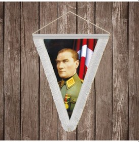 Resim Üniformalı Gazi Mustafa Kemal Atatürk- Ay Yıldız Bayrak Beyaz Saçaklı Üçgen Flama Bayrak Hatıra Flama Ata17 Diğer 