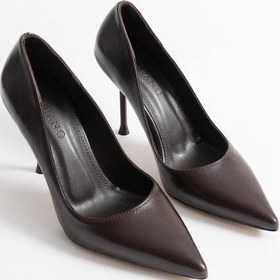 Resim Marvella Kadın Kahve Deri Sivri Burun Yüksek İnce Topuklu Ayakkabı Stiletto 9.5 Cm Kahve 