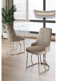 Resim Canisa Epal Serisi 90x168 Lak Panel Siyah Mermer Desen Krom Ayaklı Masa Takımı Ve 6 Cappucino Sandalye Masa Siyah Mermer Desen Sandalye Cappucino 