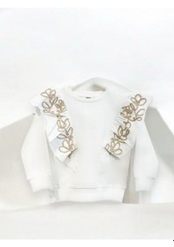 Resim Kız Çocuk Pamuklu Orta Kalınlık Omuzları Fırfırlı Ve Nakışlı Sweatshirt-14447 Ekru 