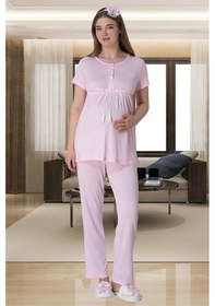 Resim Mecit Pijama Mecit 6001 Pembe Çizgili Sabahlıklı Lohusa Pijama Takımı 